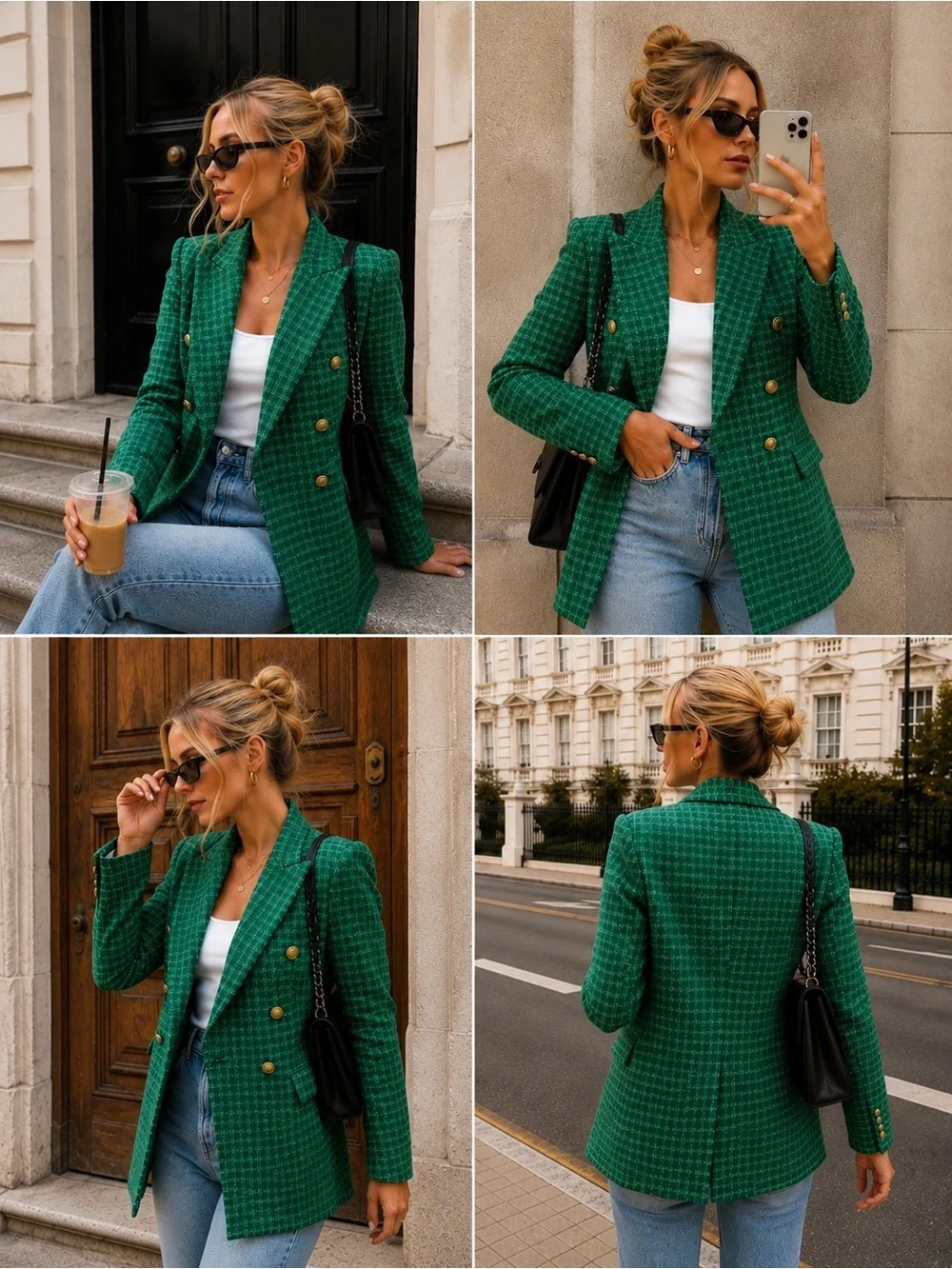 ZARA Emerald Green Tweed Blazer Gold Crest Buttons Structured Jacket Small
